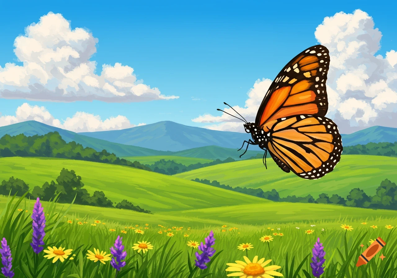A monarch butterfly flying over a green field with yellow and purple flowers, hills, and mountains.