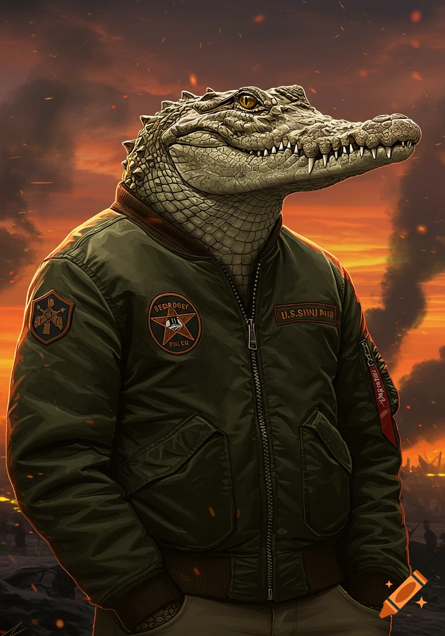 Illustration of a crocodile wearing a bomber jacket with patches against a fiery sky.