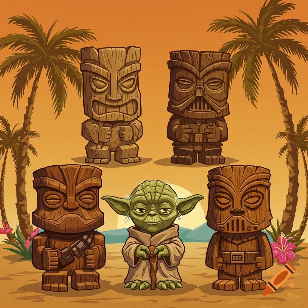 Star Wars tiki figures including Darth Vader, Chewbacca, and Yoda on a beach.