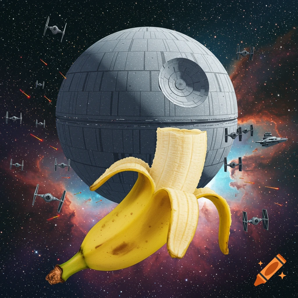 Peeled banana floating in space near the Death Star with TIE Fighters.