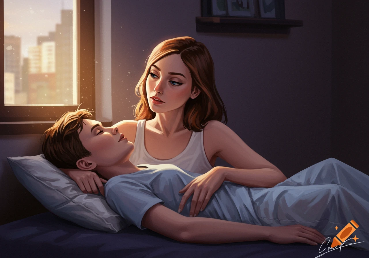 A woman watches someone sleep on her arm in a sunlit bedroom.
