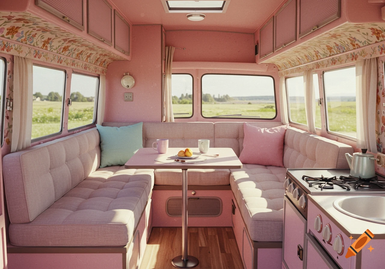 Interior of a vintage pink camper van with table and seating.
