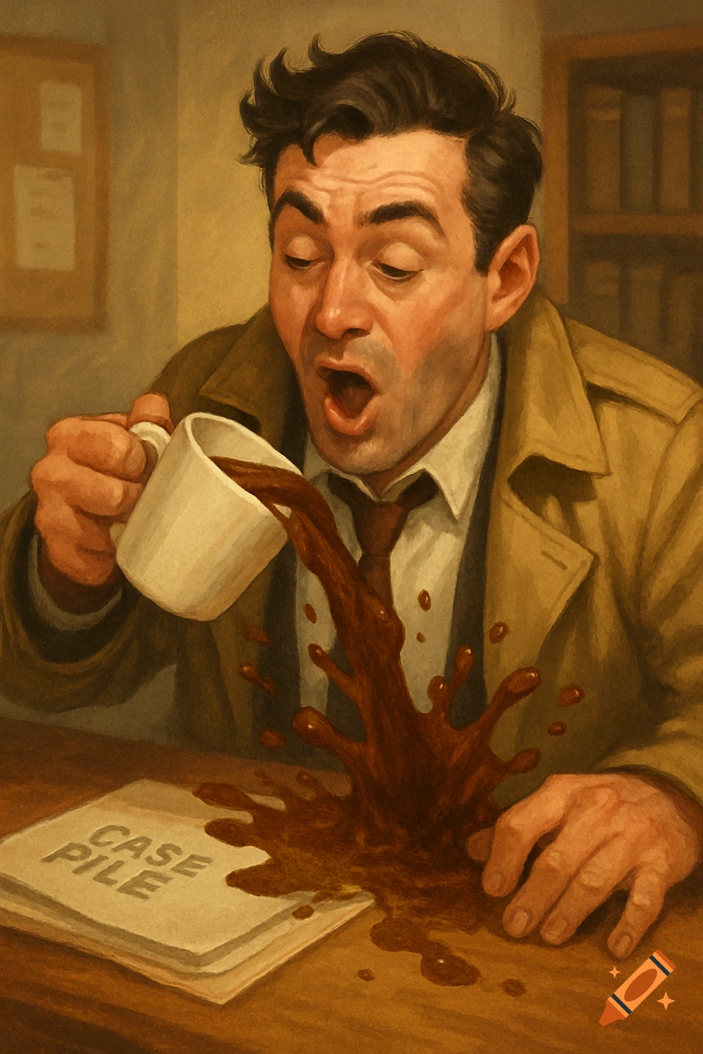 A startled man, dressed as a detective, dramatically spills coffee over a stack of case files on a desk in a painted illustration.