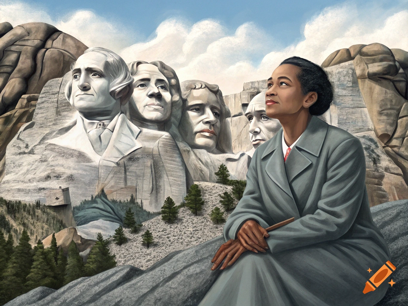 Painting of a woman sitting on a rock in front of Mount Rushmore