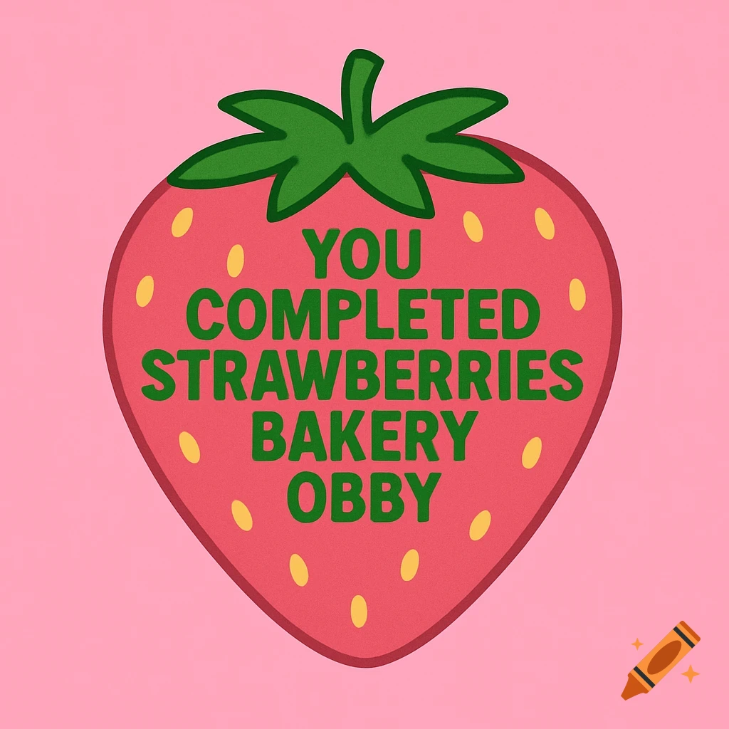 A pink cartoon strawberry with green text that says 'You completed strawberries bakery Obby' on a pink background.