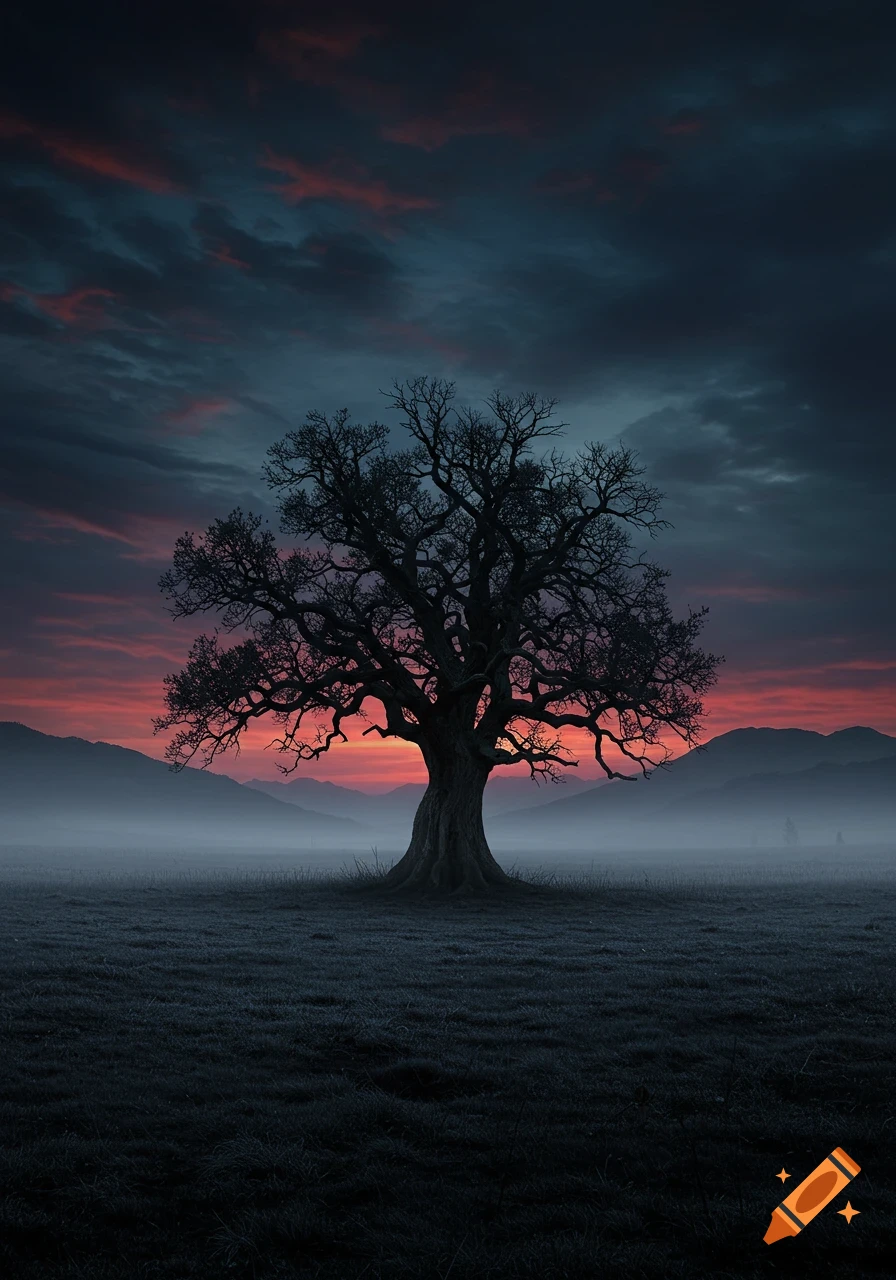 Silhouette of a bare tree in a misty field at sunset with mountains in the background.
