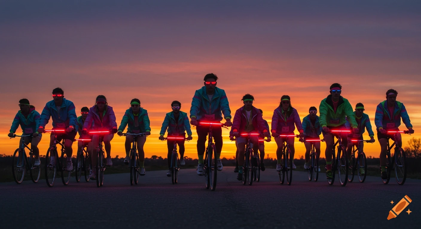 A group of people in 1980s windbreakers ride bikes with glowing red lights at sunset, photorealistic.