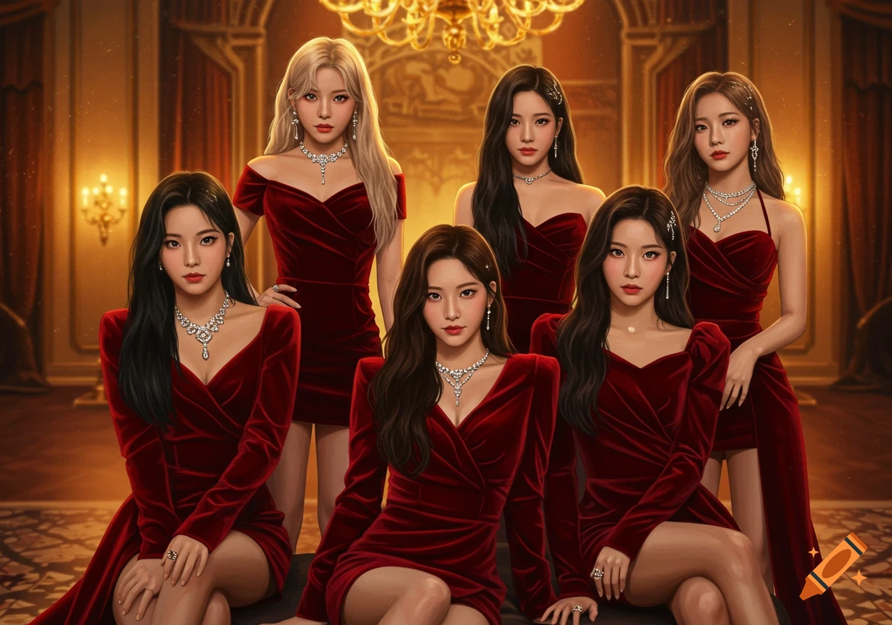 Six women in red velvet dresses and jewelry pose in a luxurious interior.