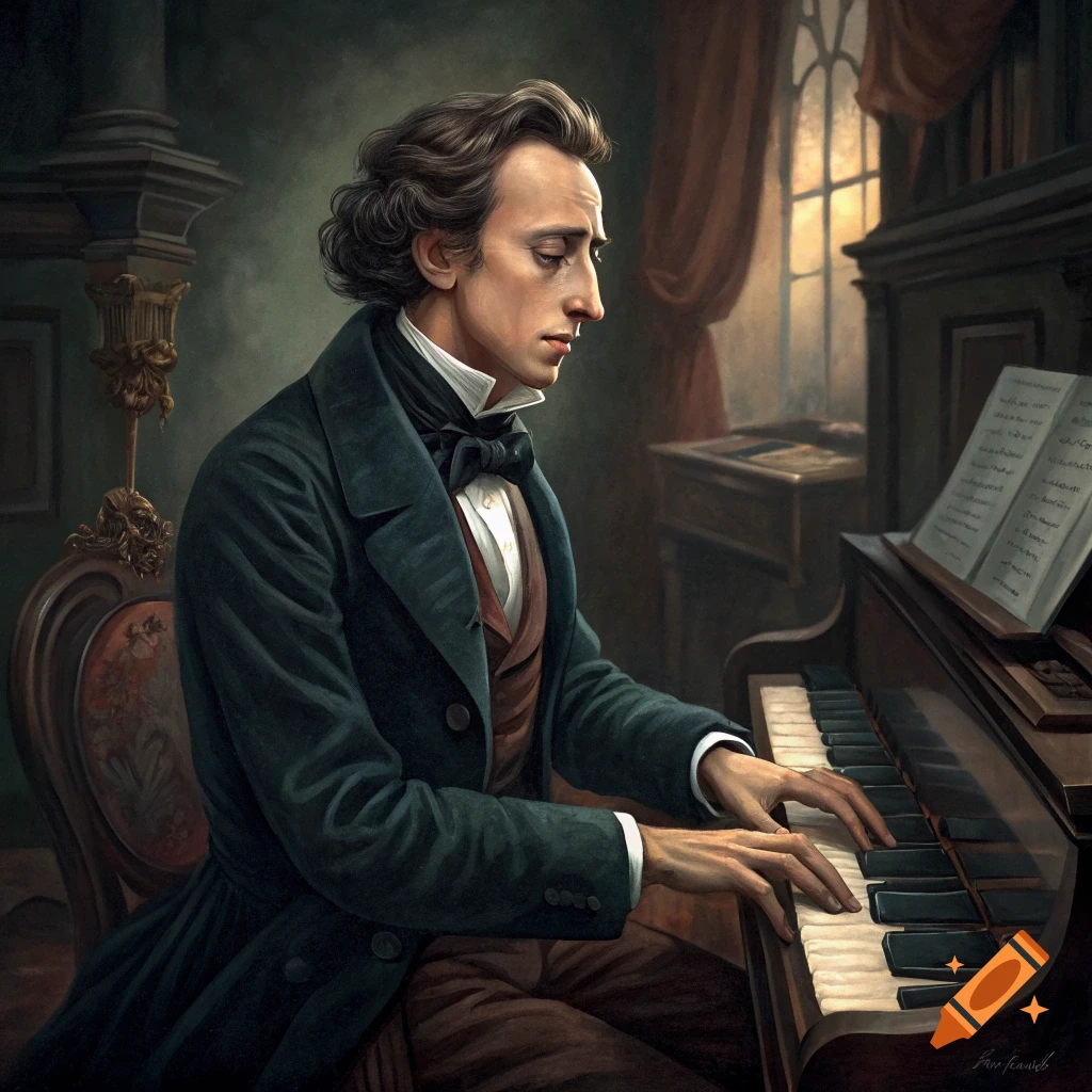 A painting of a man resembling Frédéric Chopin playing a piano.