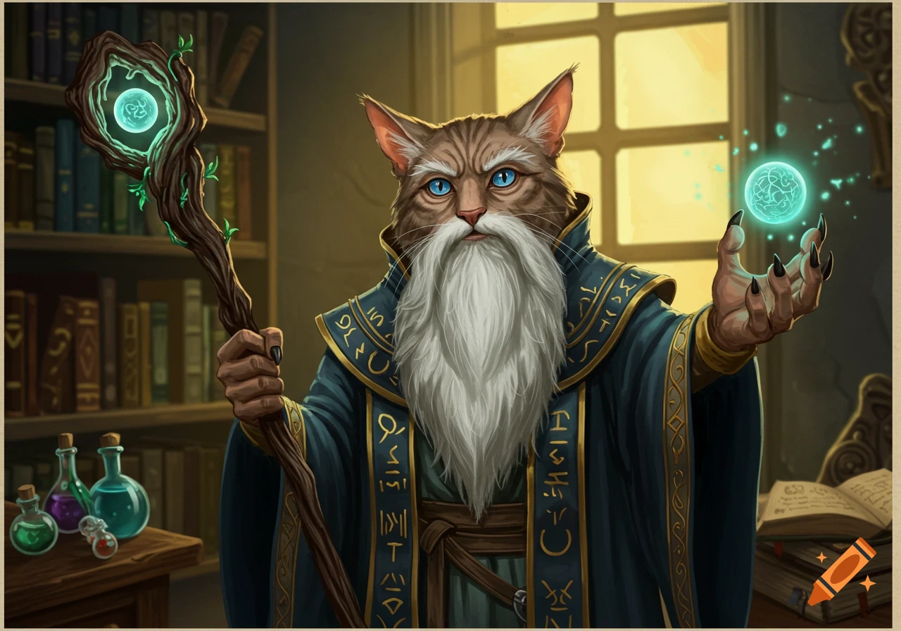 A humanoid cat wizard holds a staff and a glowing orb in a library.