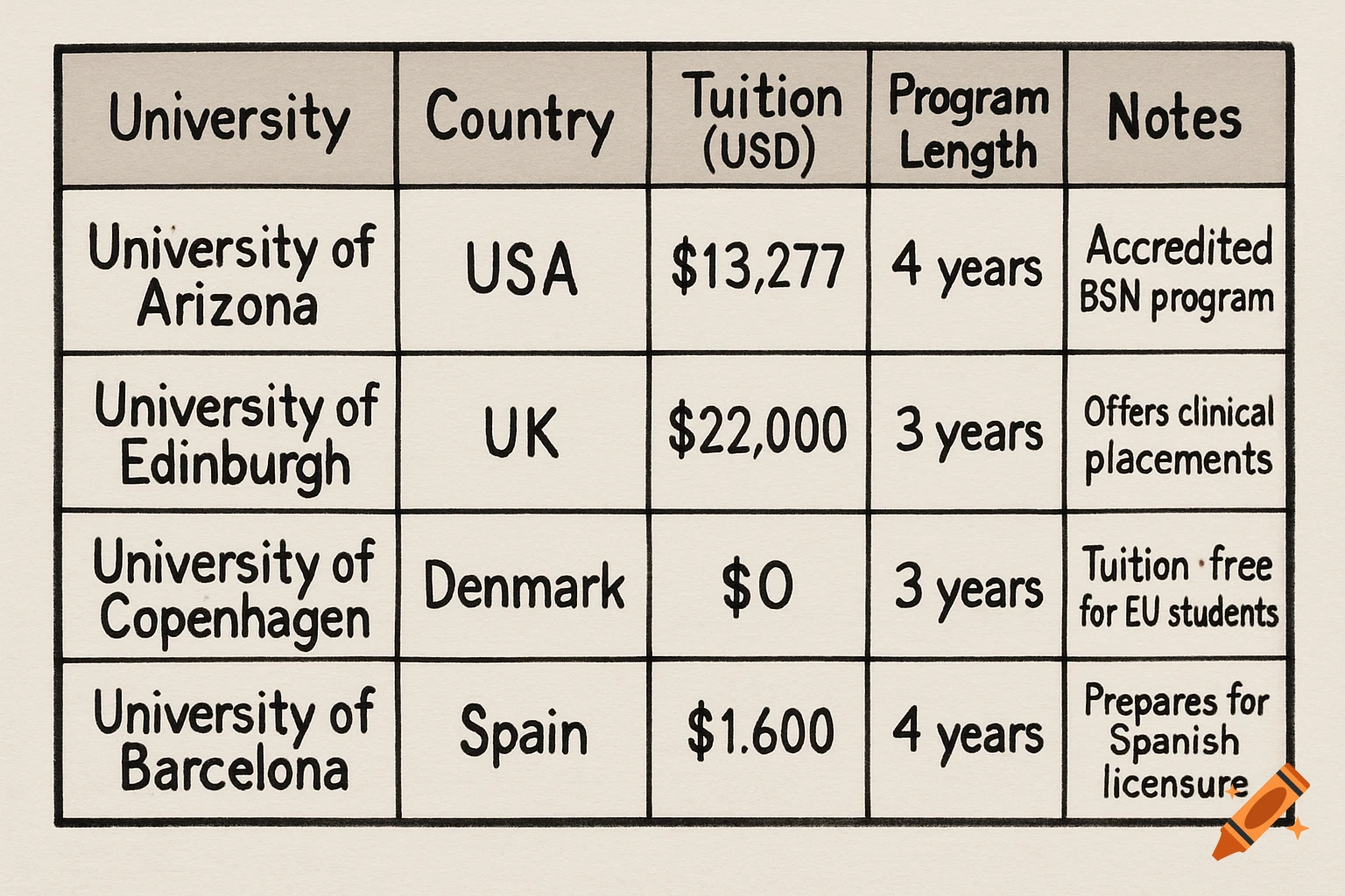 A table listing universities, countries, tuition, program length, and notes for four universities.