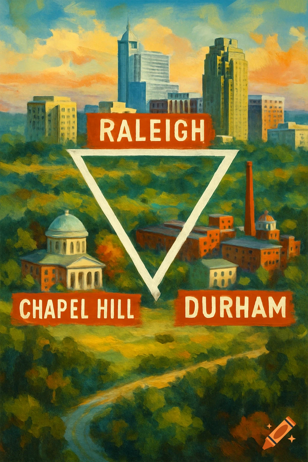Painting of Raleigh, Chapel Hill, and Durham skylines and landmarks around a triangle.
