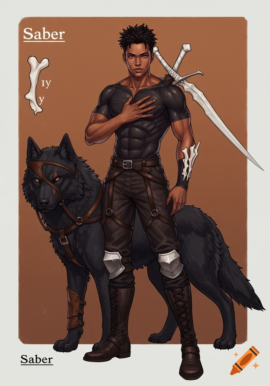 A muscular man with dark skin and short dark hair stands next to a black wolf. He wears fantasy clothes and carries a sword.
