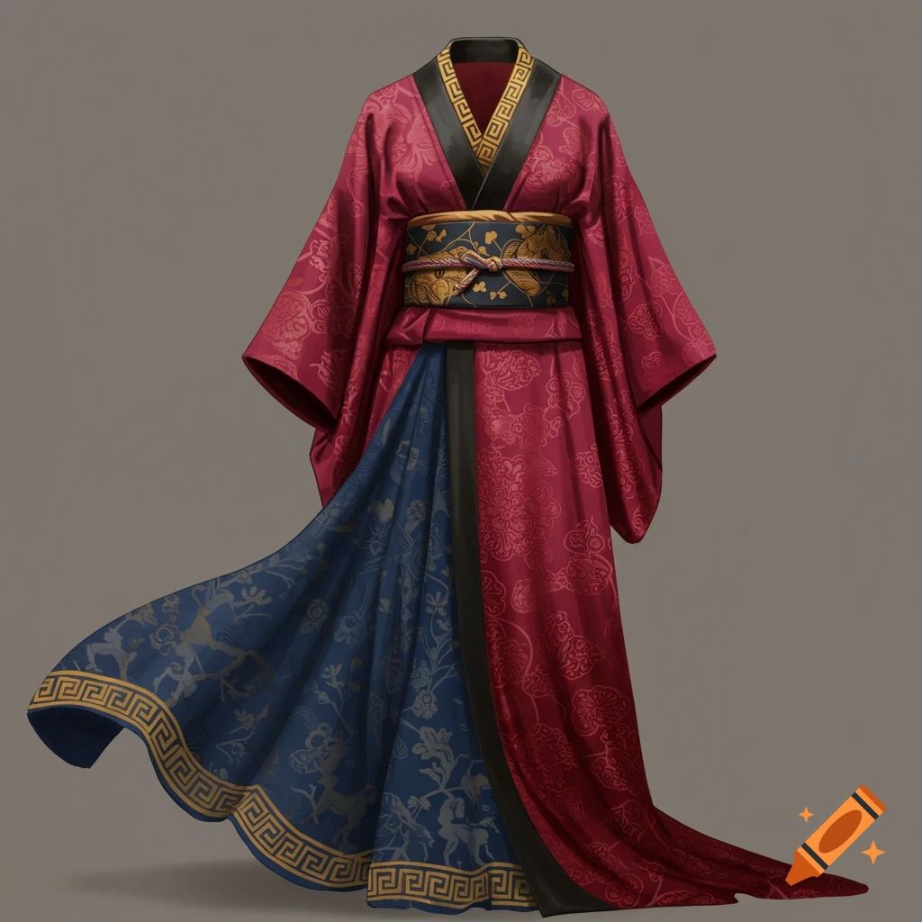 A crimson kimono blended with blue fabric featuring Greek figures and borders.