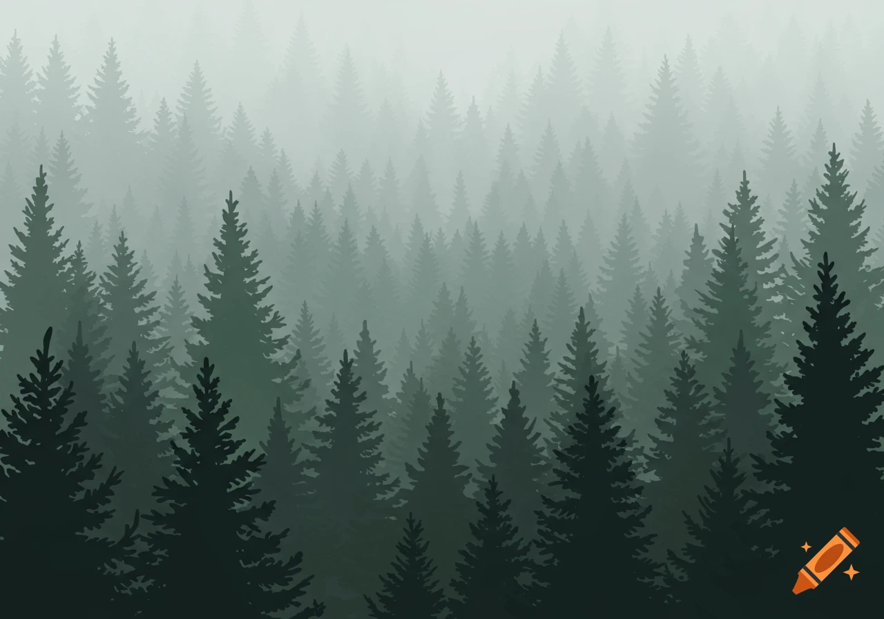Dense forest of fir trees in thick fog, stylized illustration.