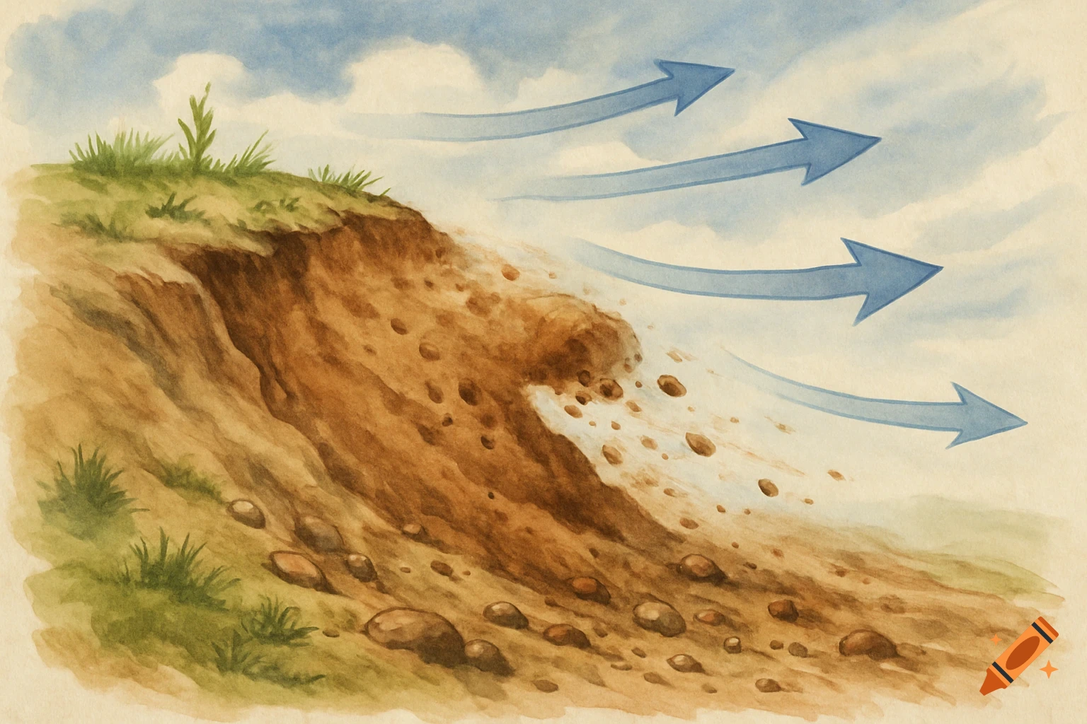 Watercolor illustration of hillside erosion with falling rocks and soil, blue arrows show movement.
