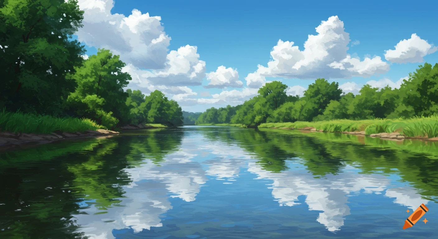 A river flows through a forest under a blue sky with clouds.