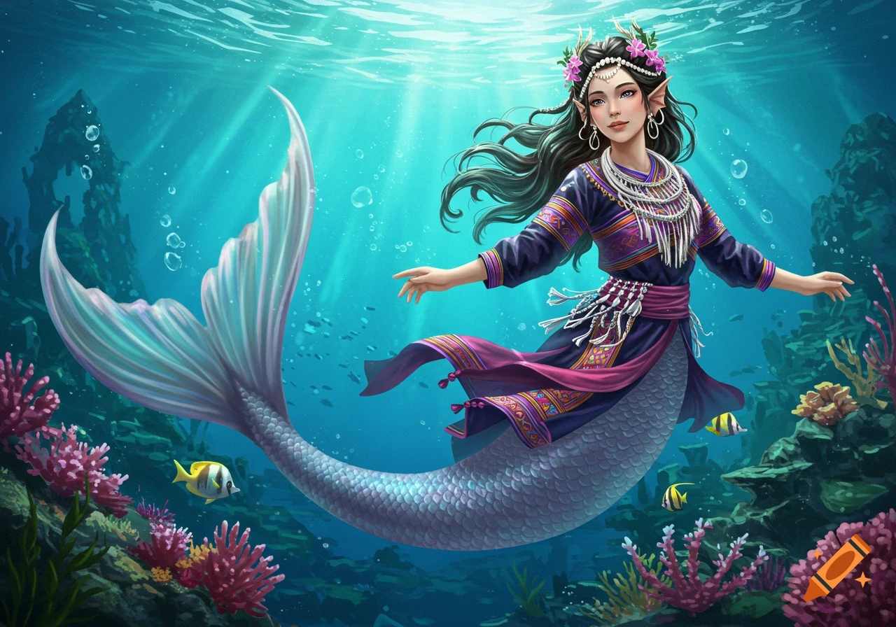 A mermaid in colorful Hmong clothing swimming underwater with fish and coral.