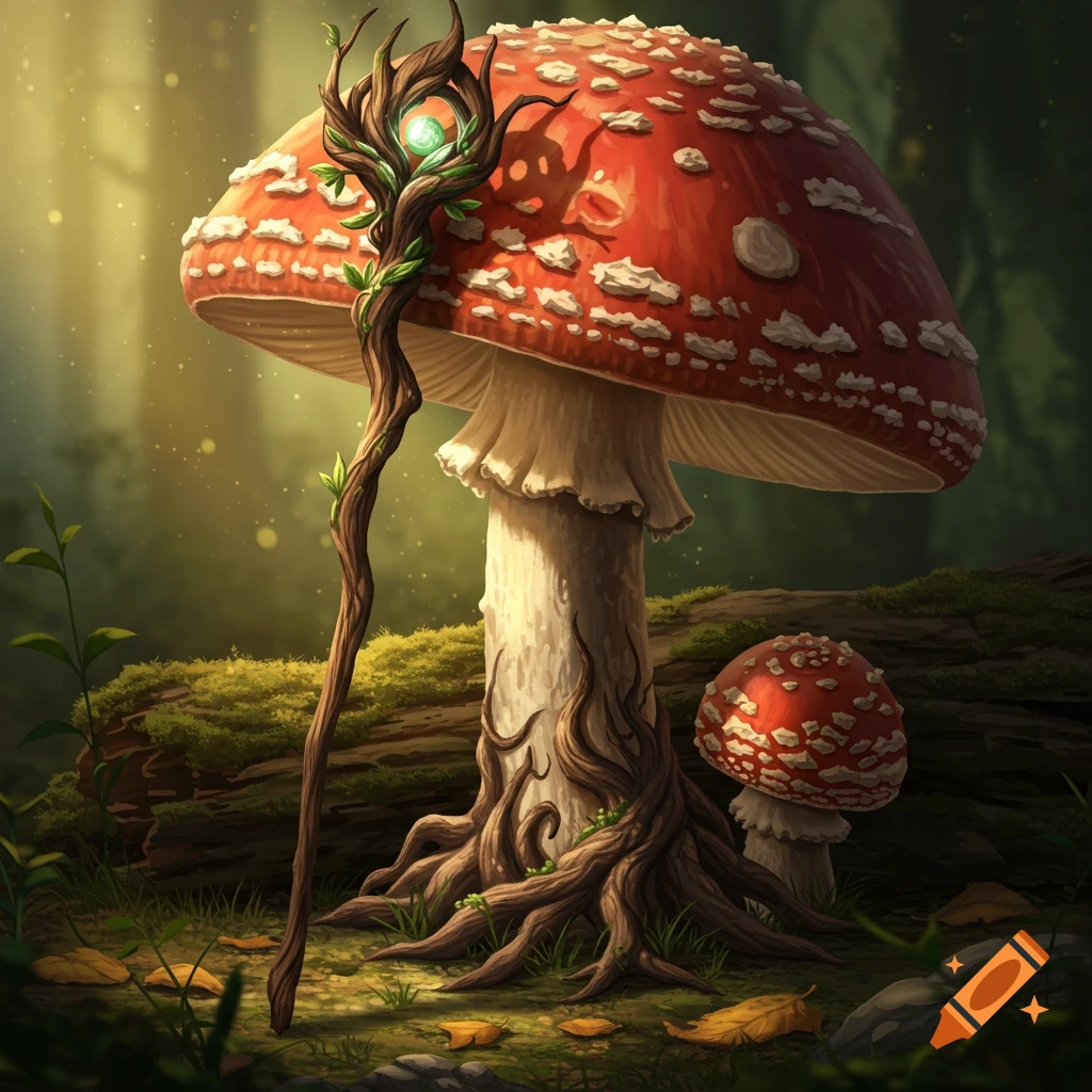 A druid staff leans against a giant red and white mushroom in a forest.