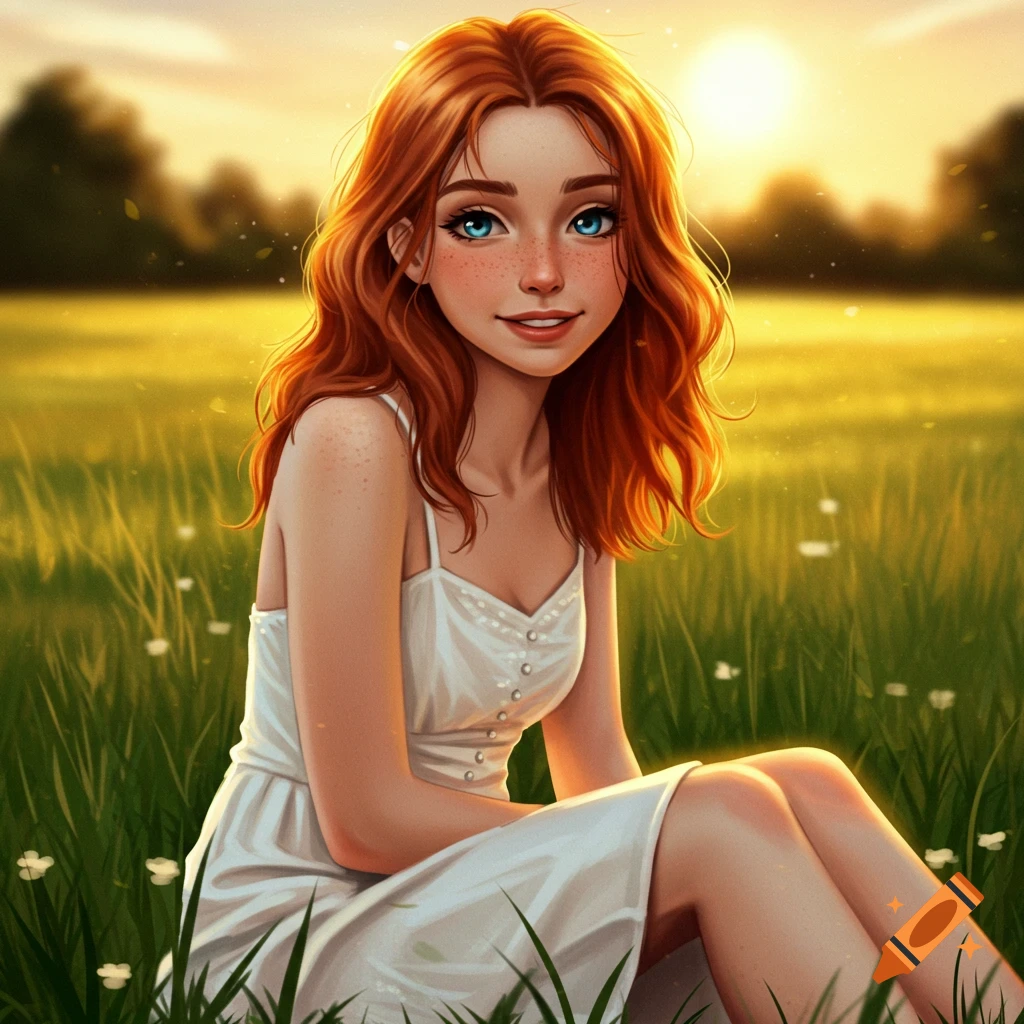 A young woman with red hair sits in a field as the sun sets.