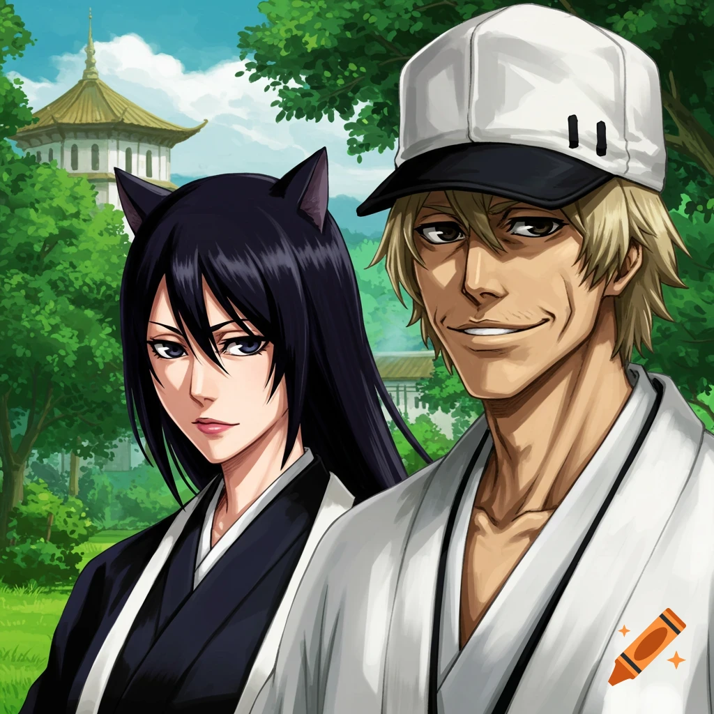Anime illustration of two characters, one with cat ears, in a park setting with a building.