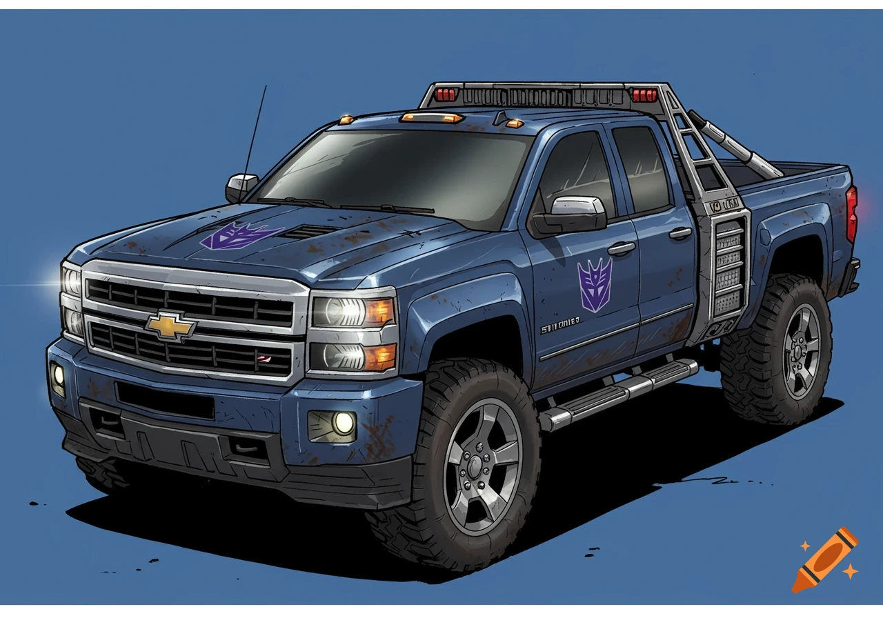 A blue Chevrolet Silverado truck with Decepticon symbols, illustrated in a comic book style.