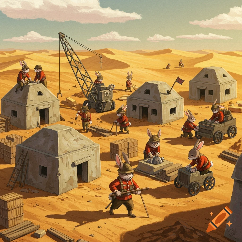 Anthropomorphic rabbits in military uniforms building structures in a desert.