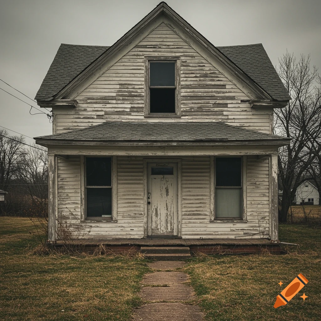 A photorealistic image of an old, weathered house with peeling paint and a path leading to the front door.