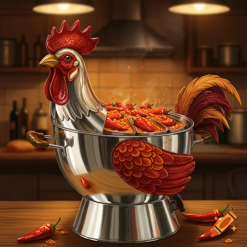 A metal rooster-shaped pot filled with chili, sitting on a kitchen table.