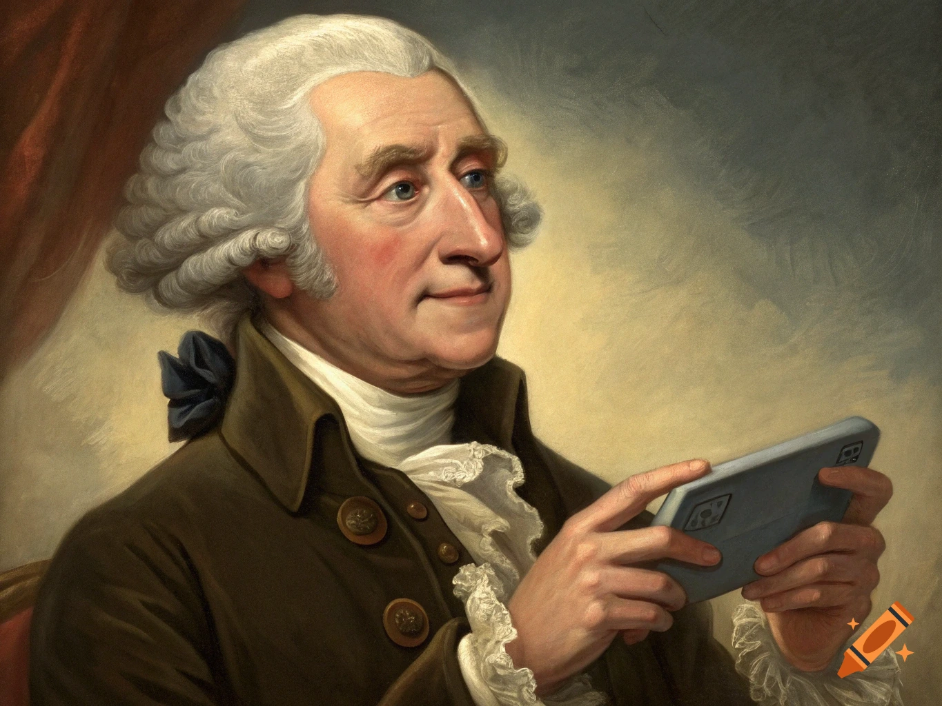 Painting of George Washington looking at a smartphone