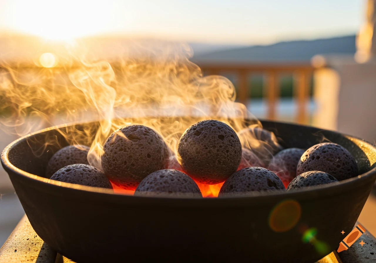 Smoking lava rock balls in a skillet at sunset.