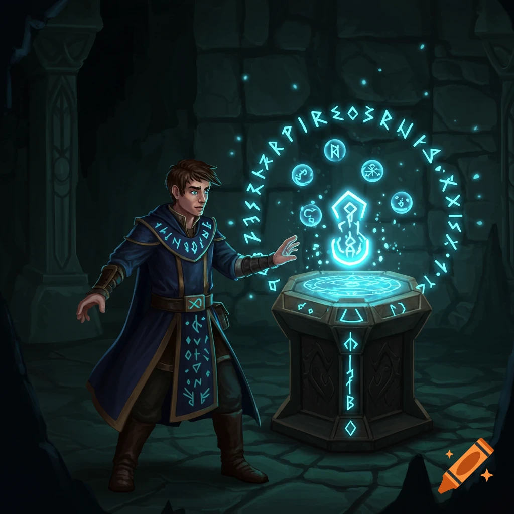 A man in a blue robe casts a glowing spell at a runic altar in a dark dungeon.