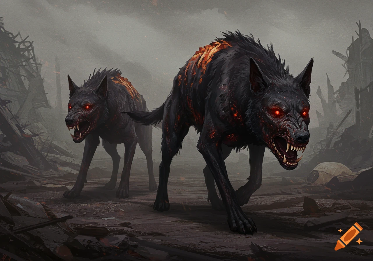 Two monstrous black dogs with glowing red eyes walking through a ruined city.