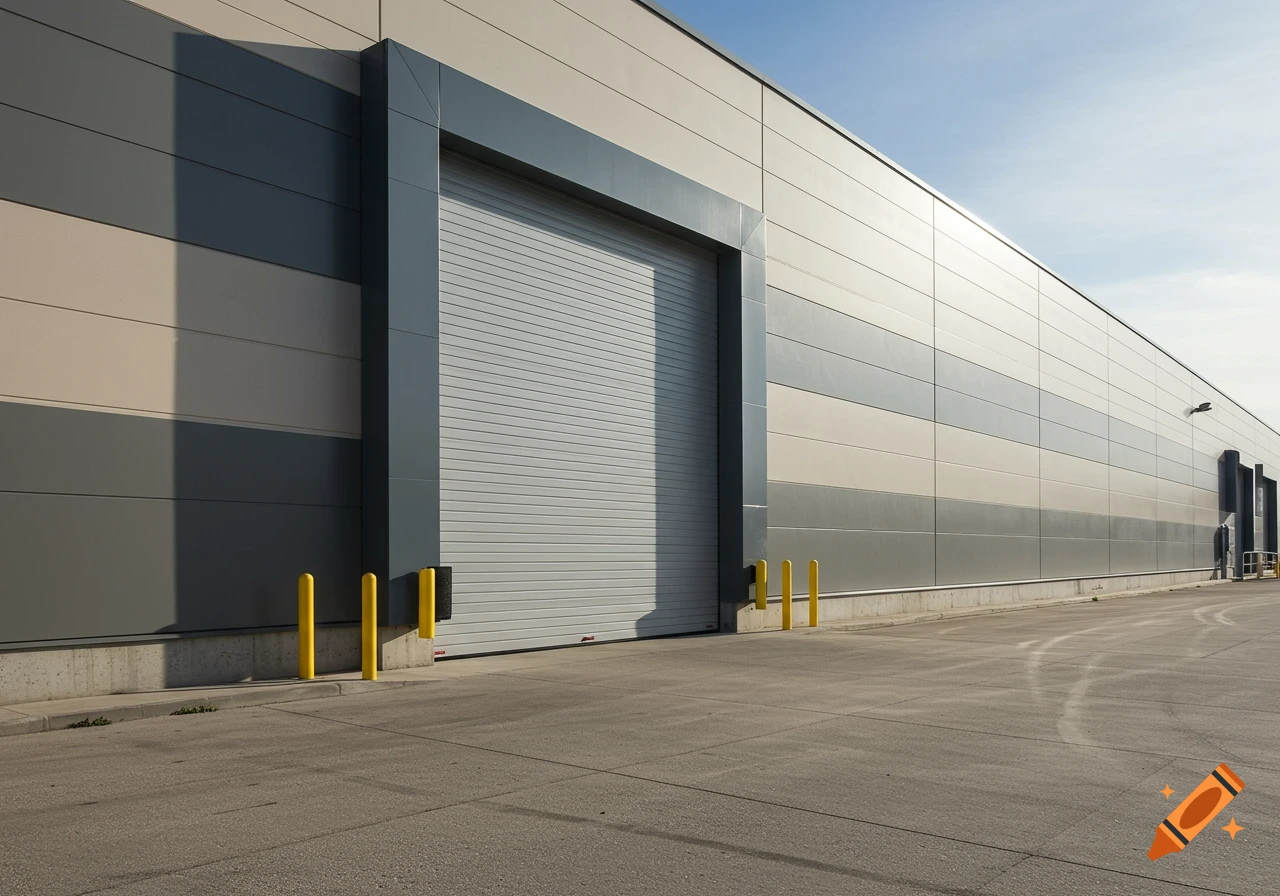 Side view of a modern warehouse with a large roll-up door and yellow bollards.