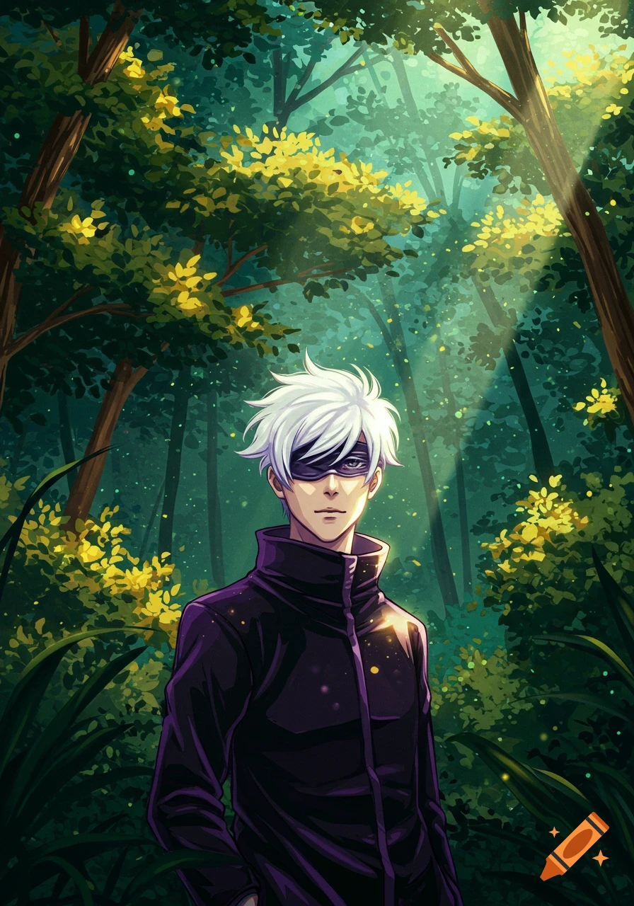 Anime character Gojo in a forest with sunlight filtering through trees, anime style.