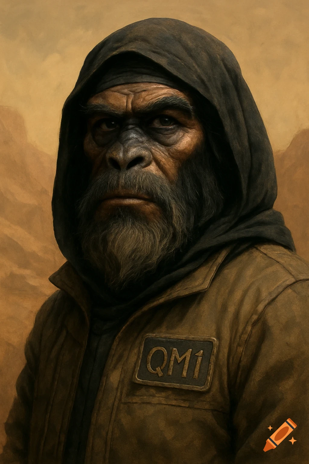An ape character in a hooded jacket with a QM1 badge in a desert.