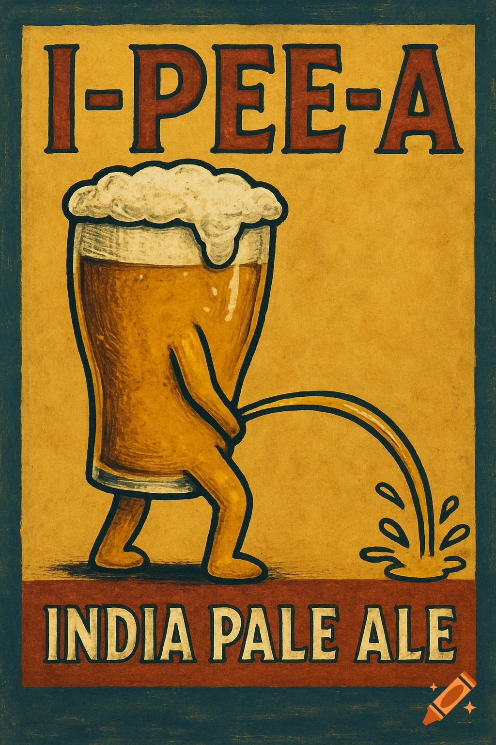 Illustration of a beer glass with legs and arms peeing, like a poster. Text says 'I-PEE-A INDIA PALE ALE'