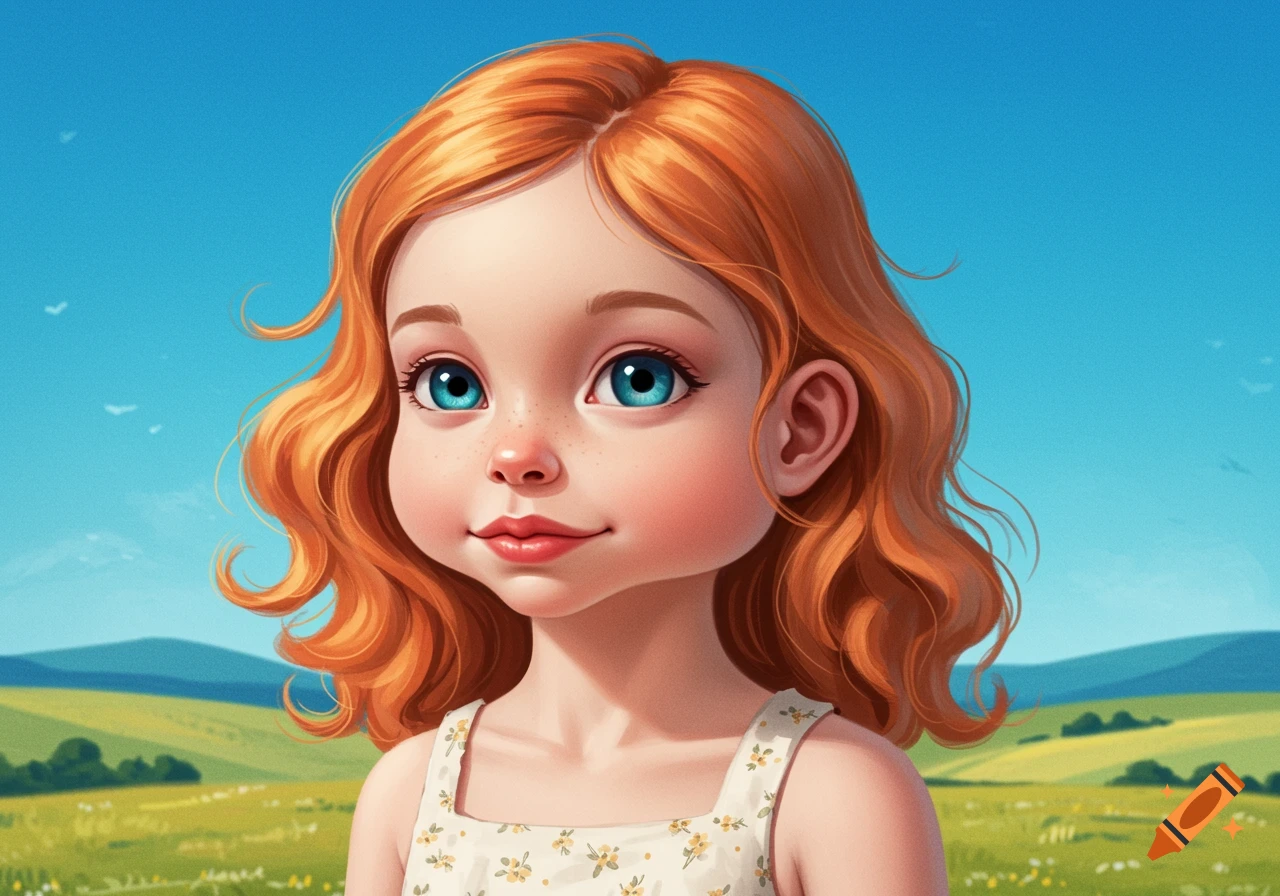 A whimsical image of a young girl with red hair and blue eyes in a sundress in a field.