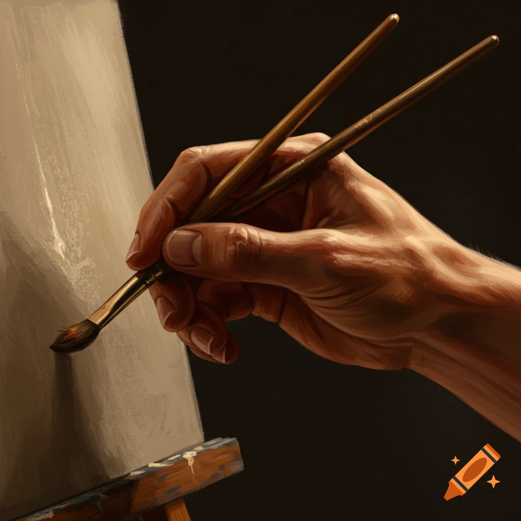 Close-up digital painting of a hand holding two paintbrushes over a canvas on an easel.