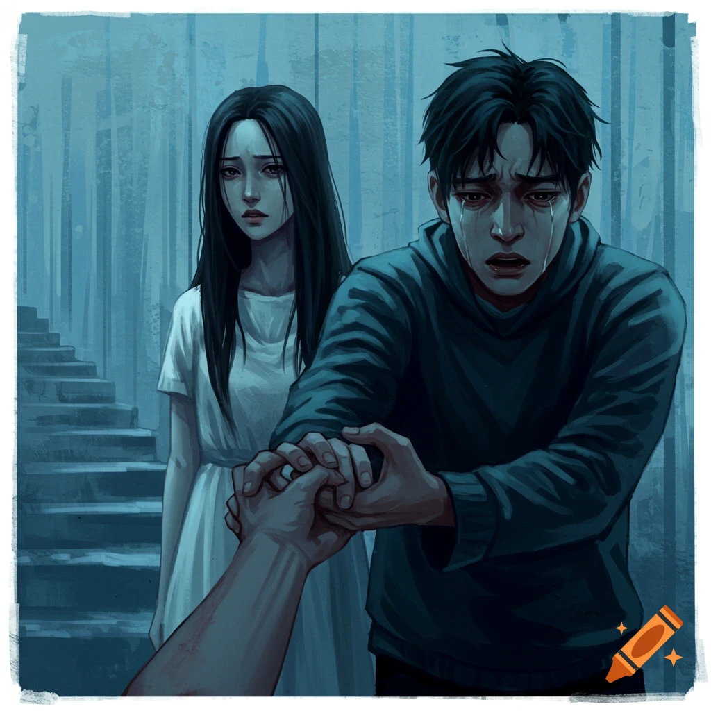 Crying man holding a hand with a sad woman behind him in a dark, illustrative style.