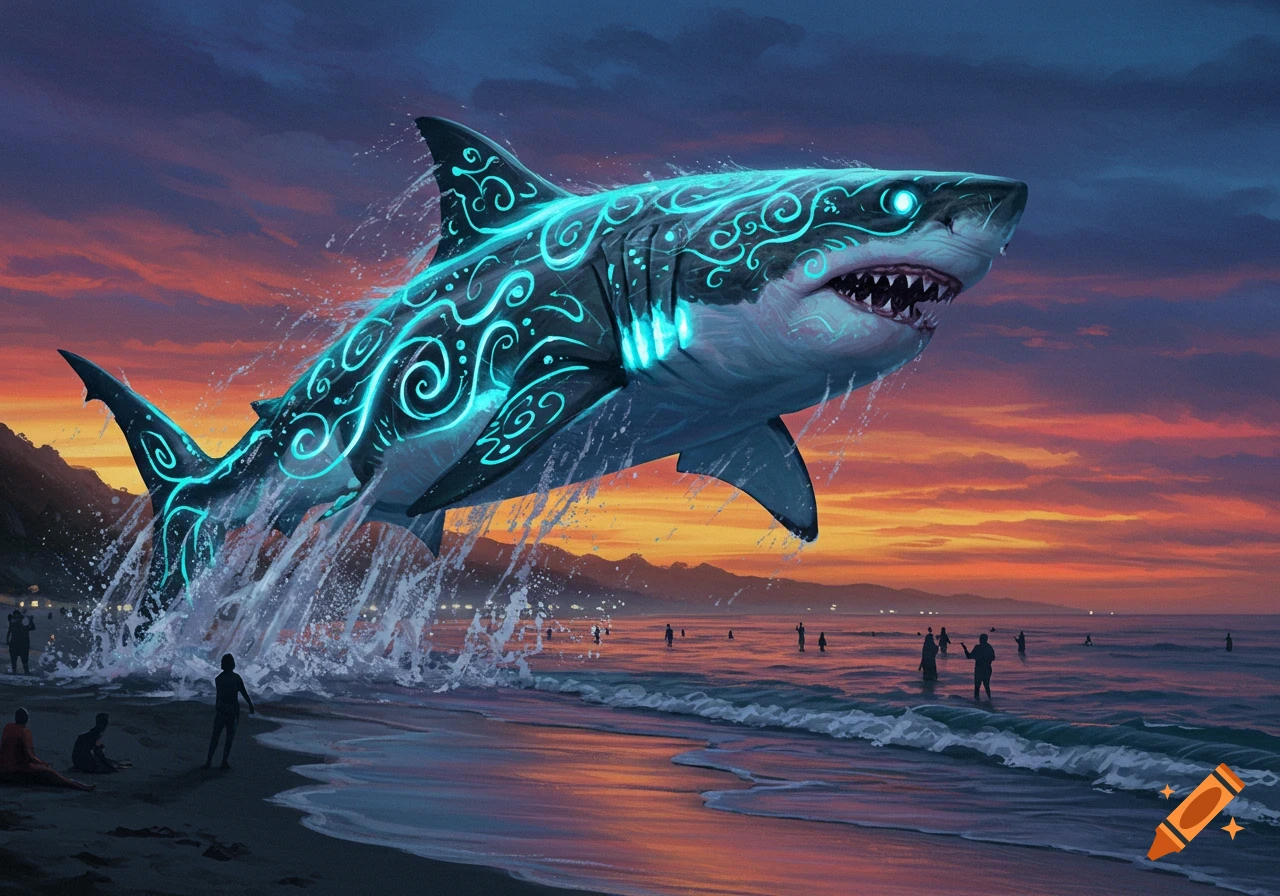 A large shark with glowing blue markings leaps from the water near a beach filled with people at sunset.