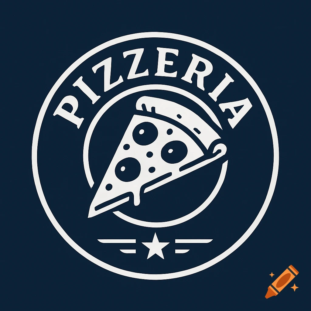 Pizzeria logo with a slice of pizza in a circle on a navy background.