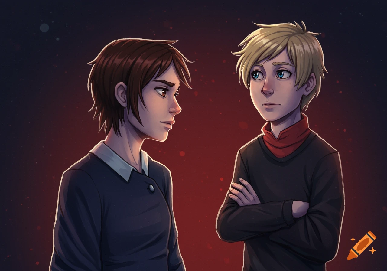 Stylized cartoon portrait of two young people looking at each other against a dark, reddish background.