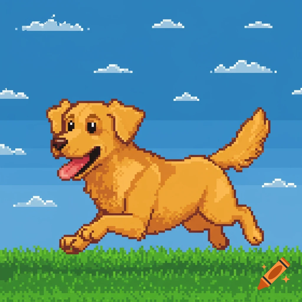 Pixel art golden retriever running in a grassy field.