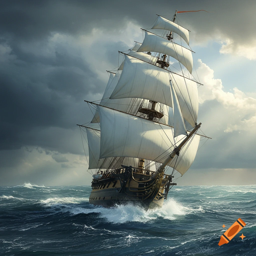 A sailing frigate on rough seas under dramatic clouds.