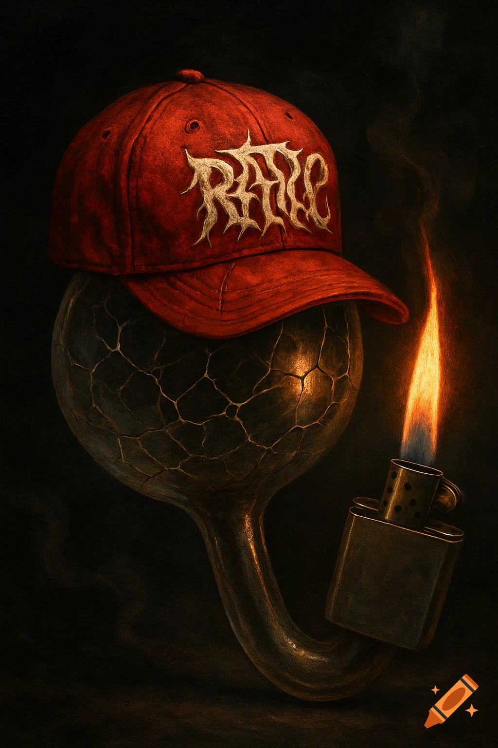 Surreal red cap with obscure text on a cracked pipe bowl, lit by a lighter in a dark, smoky scene.