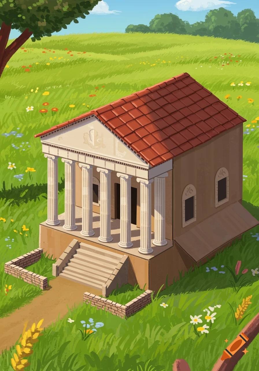 Stylized illustration of a small Roman building with columns and steps in a bright green field with flowers.