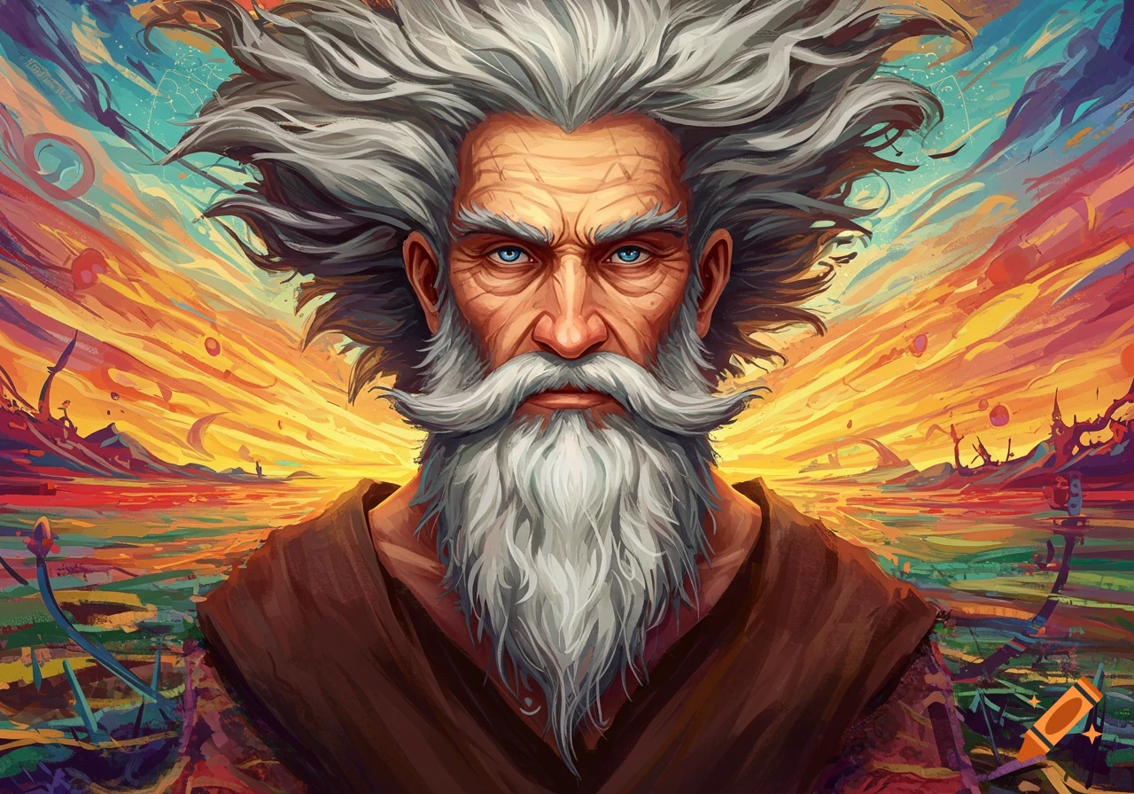 Portrait of an old man with grey hair and beard against a colorful, abstract sunset landscape.