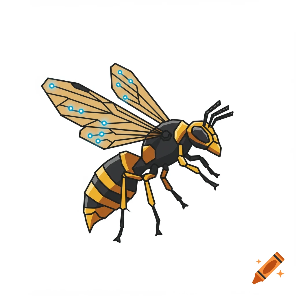 Geometric wasp icon with circuit pattern wings.