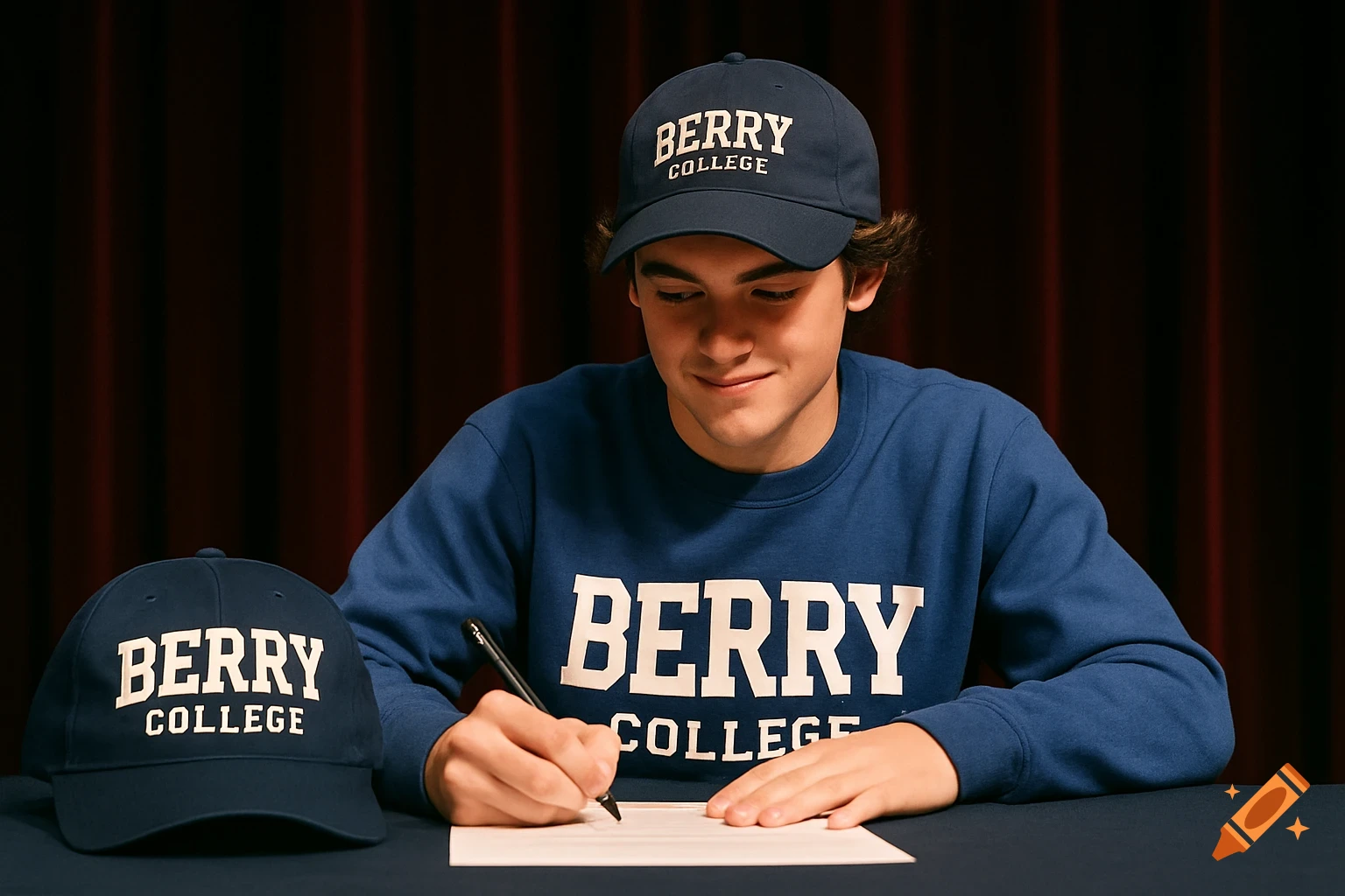 Young man signs document wearing Berry College gear on a stage.